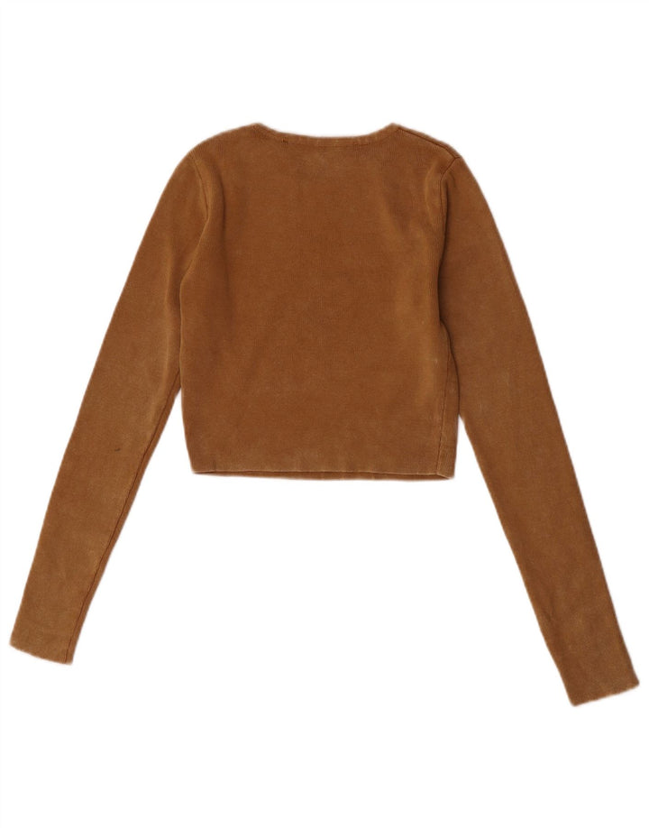 Zara Womens Crop Top Langærmet UK 8 Small Beige Bomuld