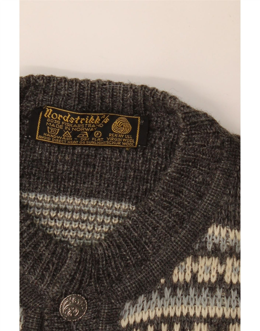 NORDSTRIKK Herre Cardigan Sweater Small Grey Fair Isle Virgin Wool