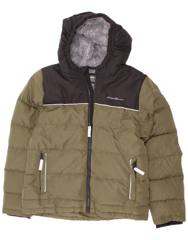 Eddie Bauer drenge hættepolstret jakke 7-8 år Small Khaki Colourblock