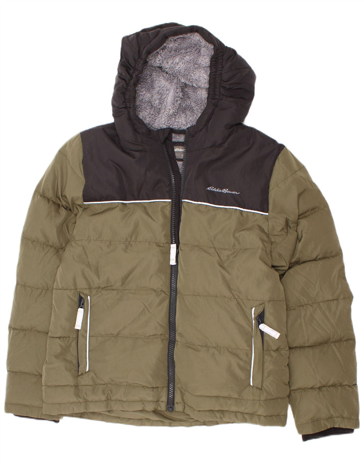 Eddie Bauer drenge hættepolstret jakke 7-8 år Small Khaki Colourblock