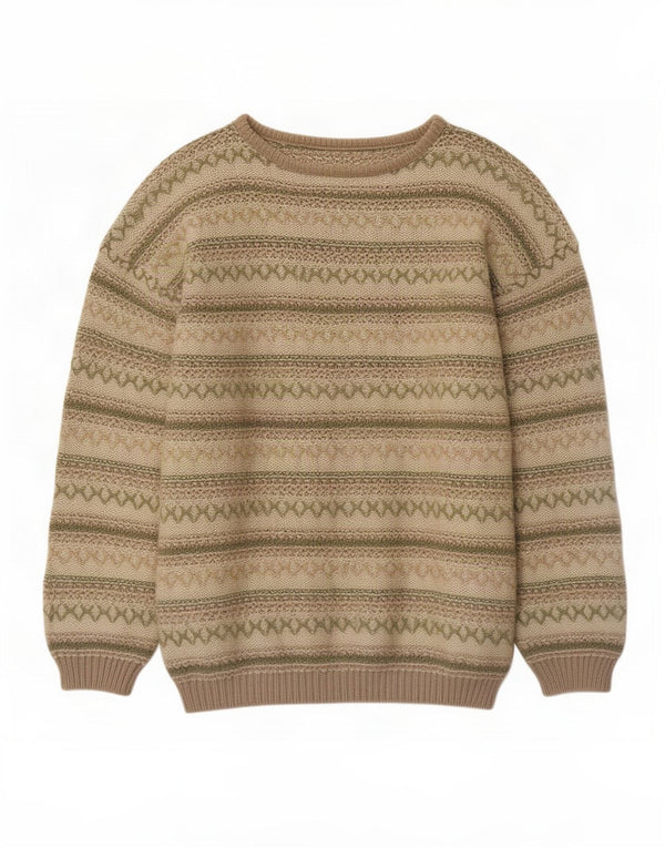 Vintage Dame Boat Neck Jumper Sweater UK 16 Stor Beige Geometrisk Bomuld