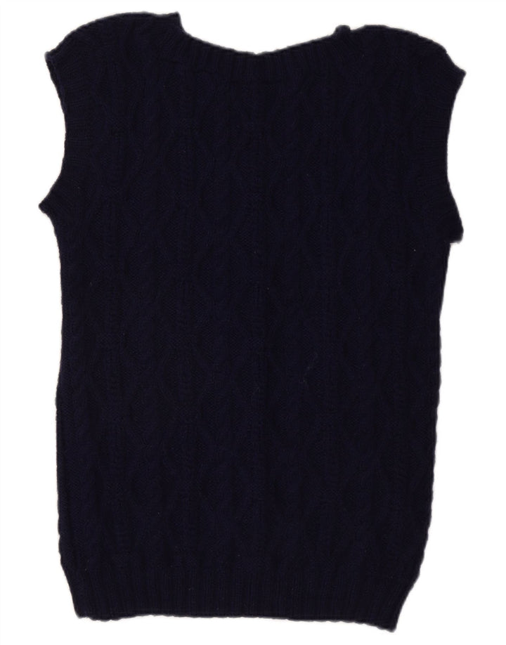 Vintage Dame Kortærmet V-hals Jumper Sweater UK 12 Medium Navy Blue