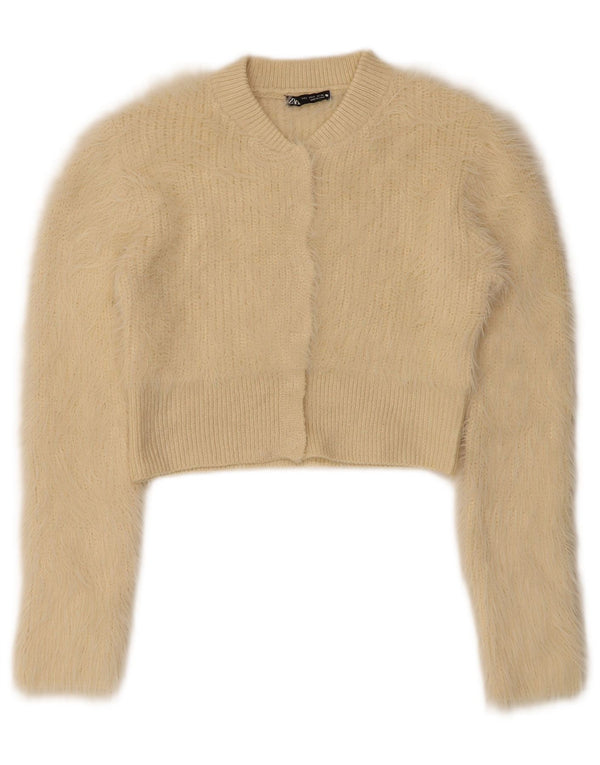 Zara Womens Crop Cardigan Sweater UK 8 Small Beige Polyester