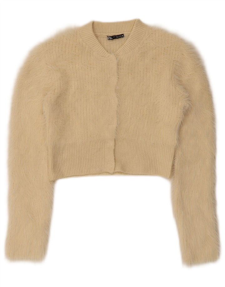Zara Womens Crop Cardigan Sweater UK 8 Small Beige Polyester