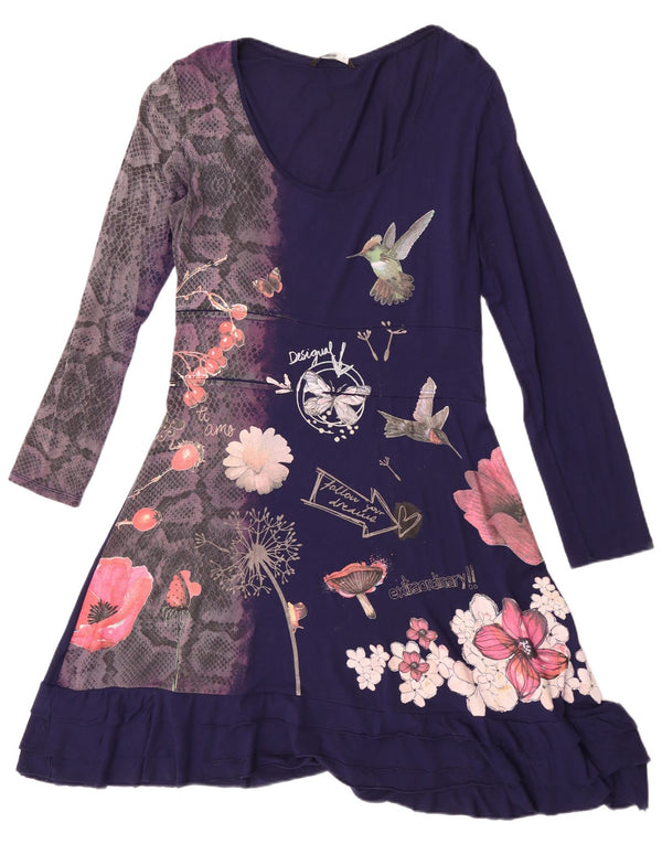 Desigual Womens Graphic Long Sleeve A-Line Dress UK 18 XL Navy Blue Floral