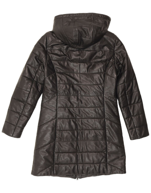 Maddox Dame Hætte Læder Polstret Frakke UK 12 Medium Sort Læder