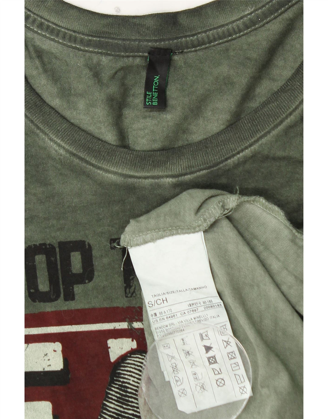 BENETTON Herre grafisk top Langærmet lille grøn bomuld