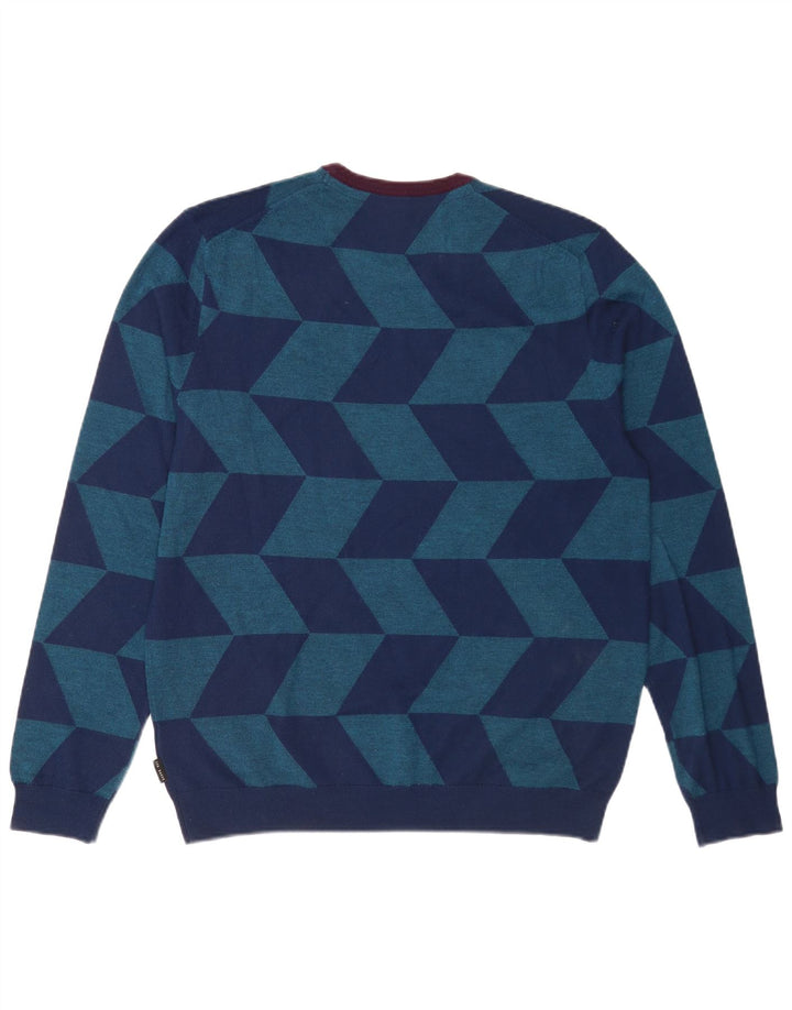 Ted Baker Herre Crew Neck Jumper Sweater Størrelse 5 XL Blå Geometrisk Uld