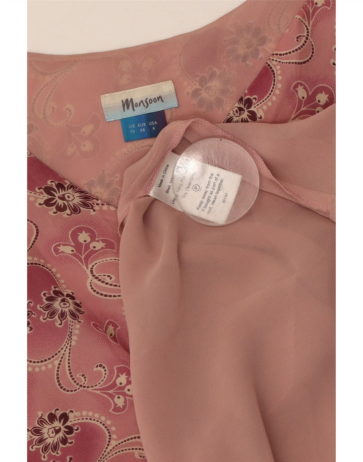 MONSOON Dame ærmeløs Maxikjole UK 10 Small Pink Floral Silke