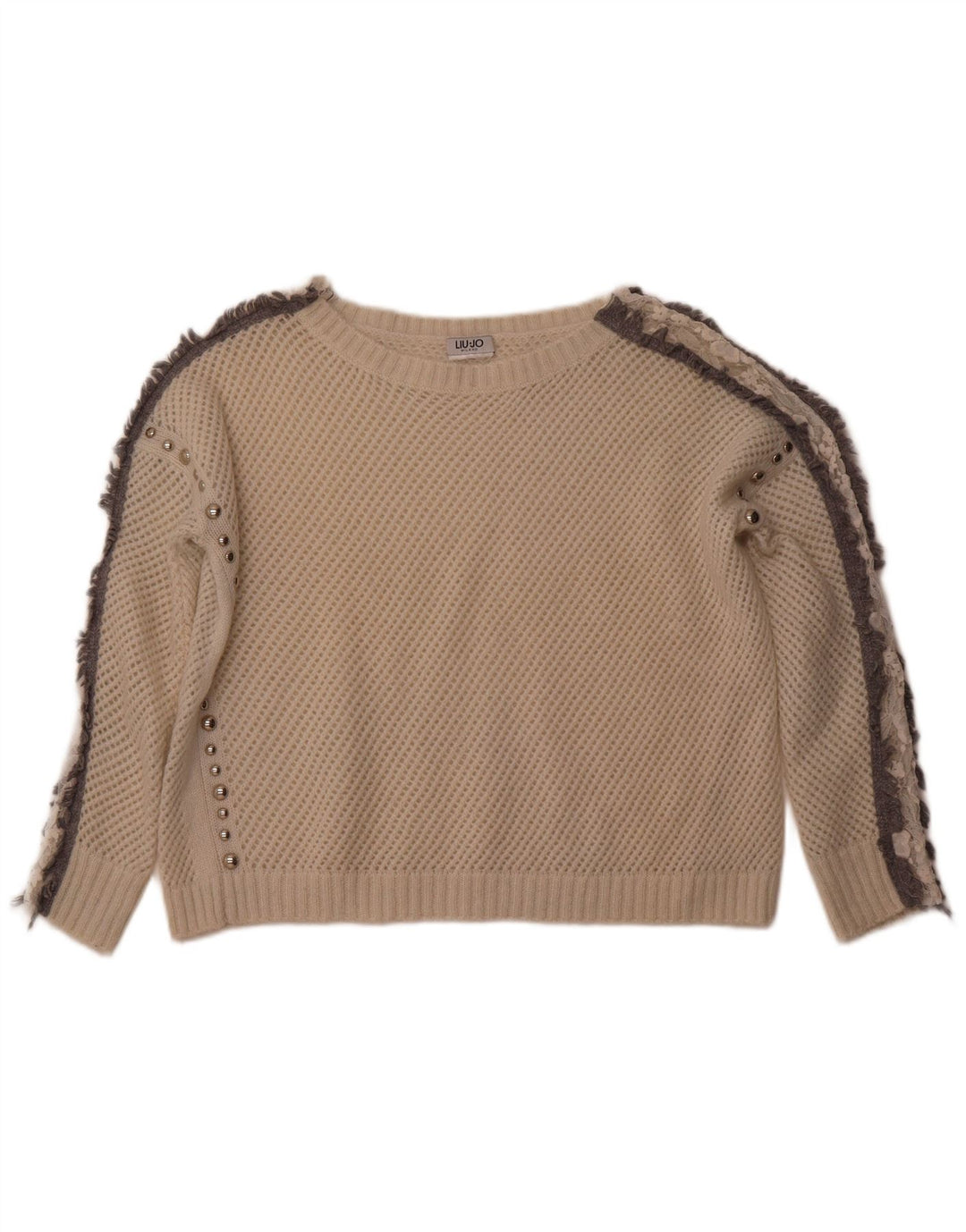 LIU JO Dame Crop Hæklet Boat Neck Jumper Sweater UK 12 Medium White