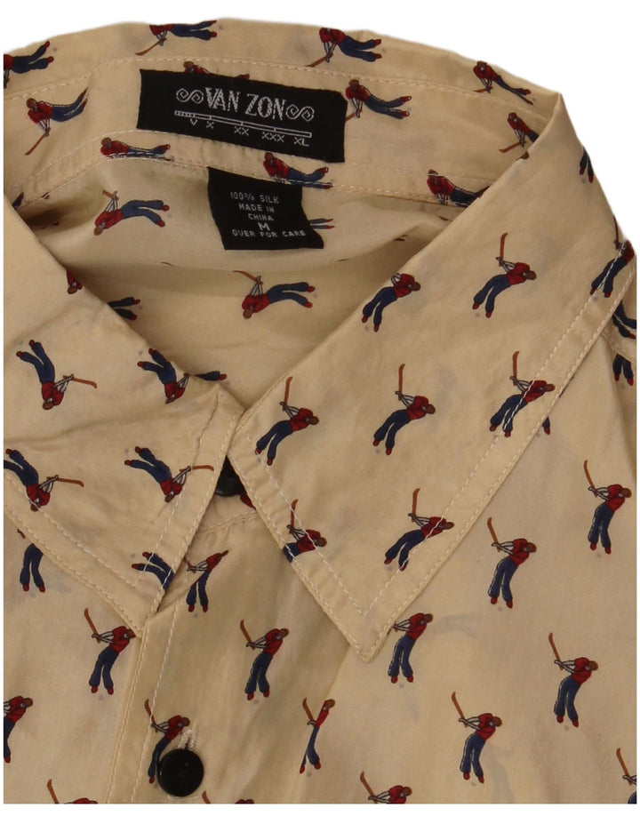 VAN ZON Herre Golf abstrakt mønster kortærmet skjorte Medium Beige Silke