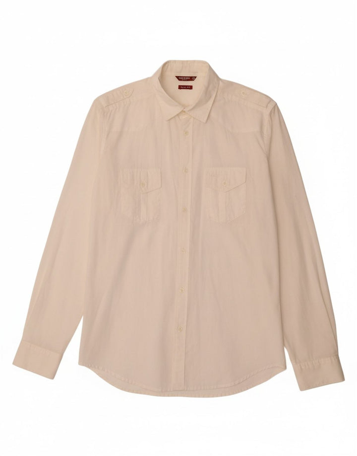 CARRERA Mens Slim Fit Military Shirt Medium Off White Cotton