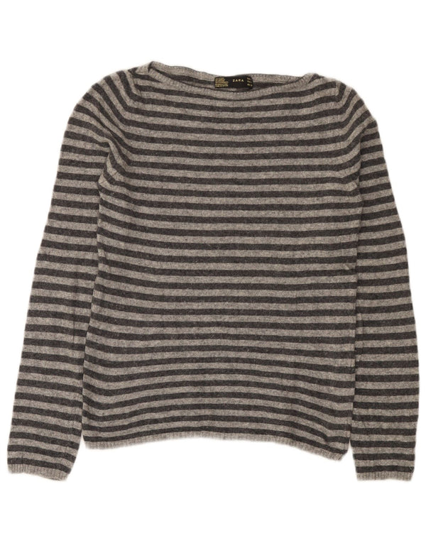 Zara Dame Boat Neck Jumper Sweater UK 14 Stor grå stribet uld
