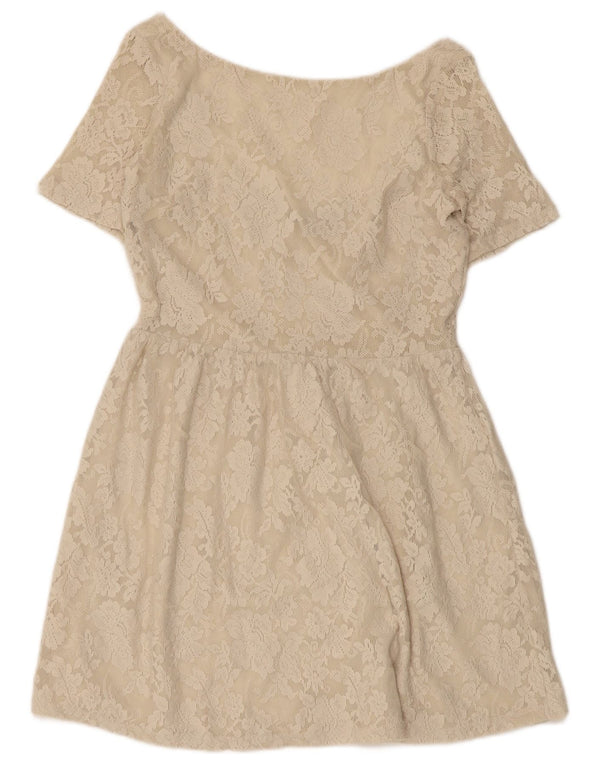 Zara Kvinder Blonde A-Line Kjole UK 12 Medium Beige Floral Polyamid