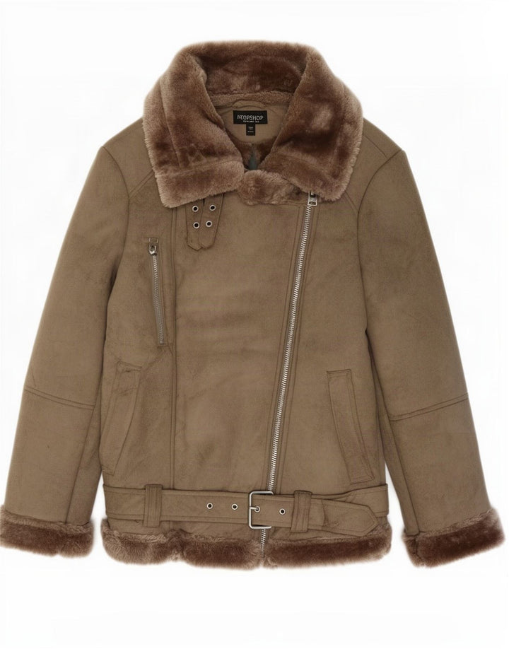 Topshop Dame Oversized Sherpa Biker Jacket UK 6 XS Grå Polyester