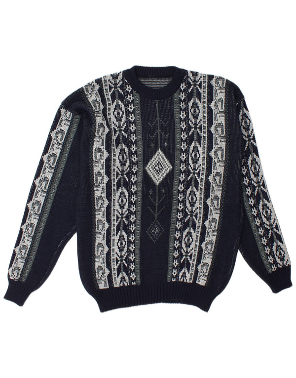 Vintage Herre rund hals sweater stor marineblå Fair Isle