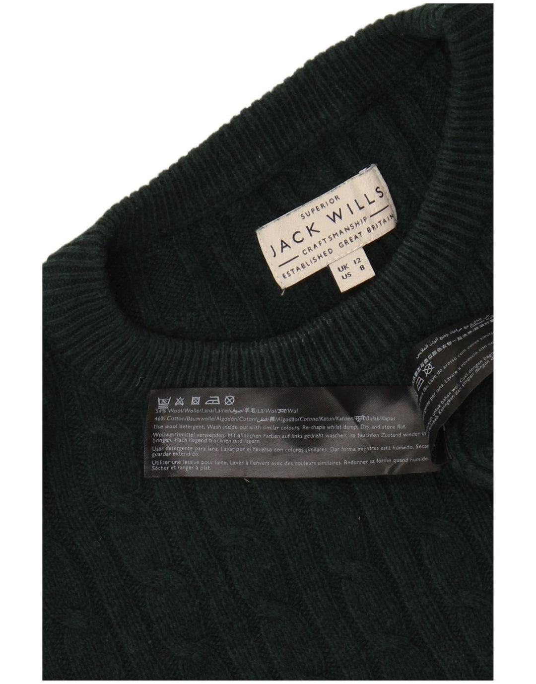JACK WILLS Dame Crop Crew Neck Jumper Sweater UK 12 Medium Green Wool