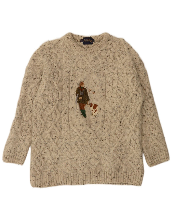 Acorn Herre grafisk rund hals sweater store beige flækkede nye uld