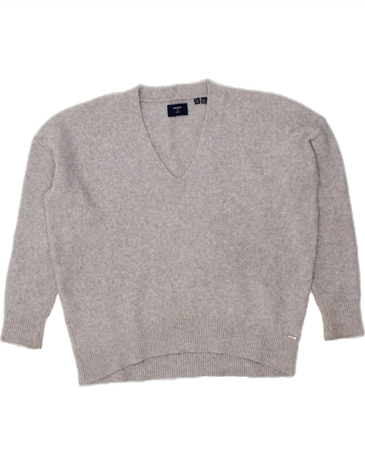 SUPERDRY Womens Oversized V-Neck Jumper Sweater UK 8 Small Grey Polyester Vintage Superdry and Second-Hand Superdry from Messina Hembry 