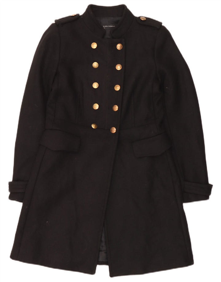 Zara Womens Military Double Breasted Coat UK 12 Medium Black Wool