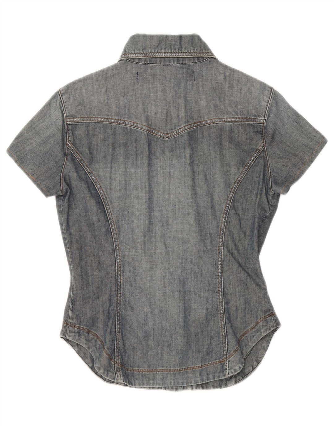GAUDI Womens Short Sleeve Denim Shirt UK 10 Small Blue Vintage Gaudi and Second-Hand Gaudi from Messina Hembry 