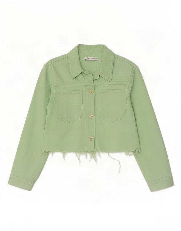 Zara Womens Crop Denim Jacket UK 16 Large Green Bomuld