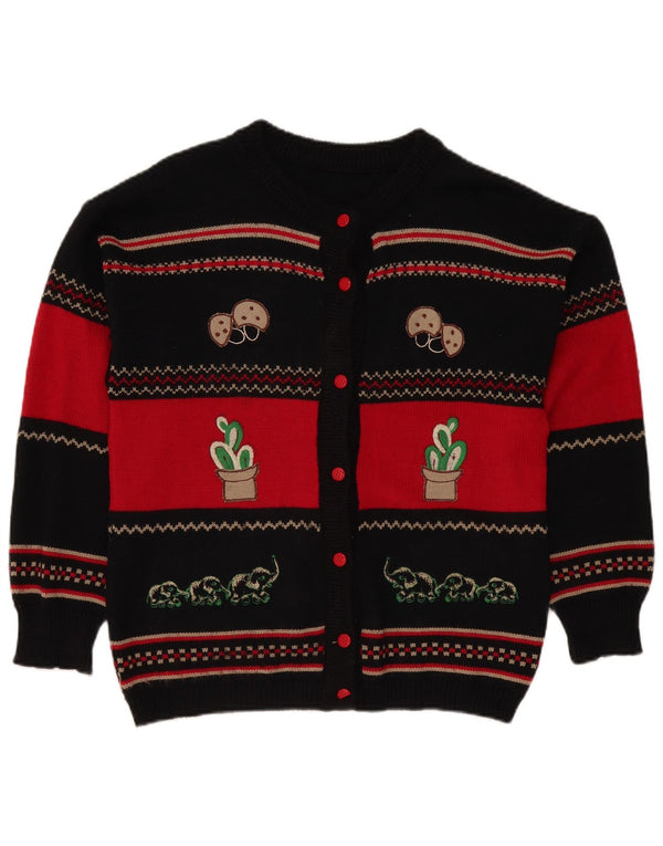 Vintage Kvinde grafisk cardigan sweater UK 16 Stor sort stribet akryl