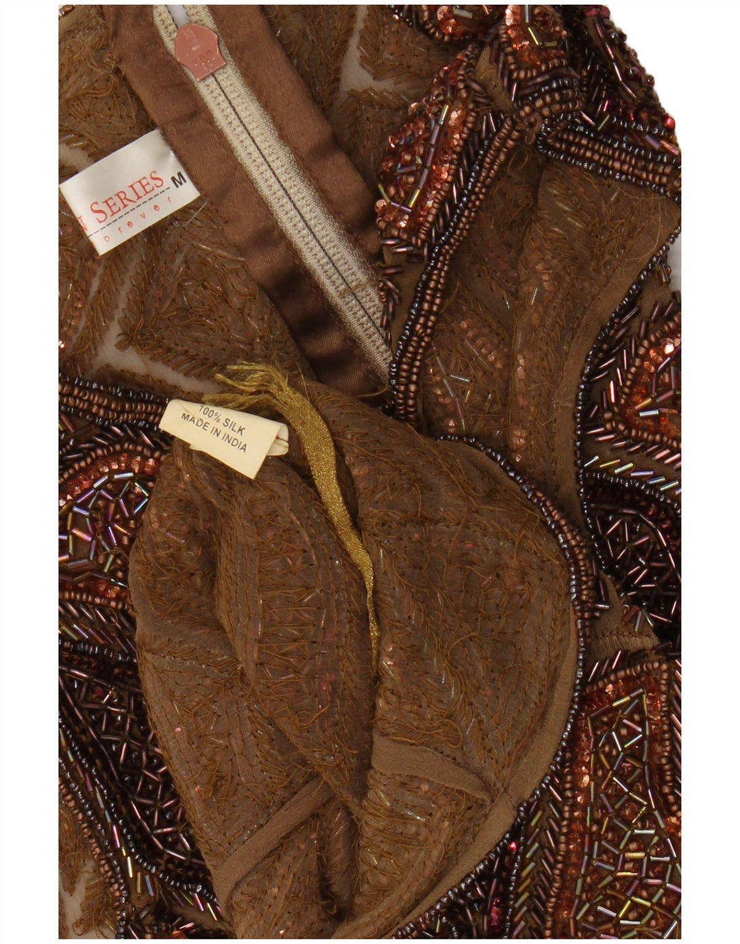 Vintage Womens Crop Ærmeløs bluse Top UK 12 Medium Brown Patchwork Silke