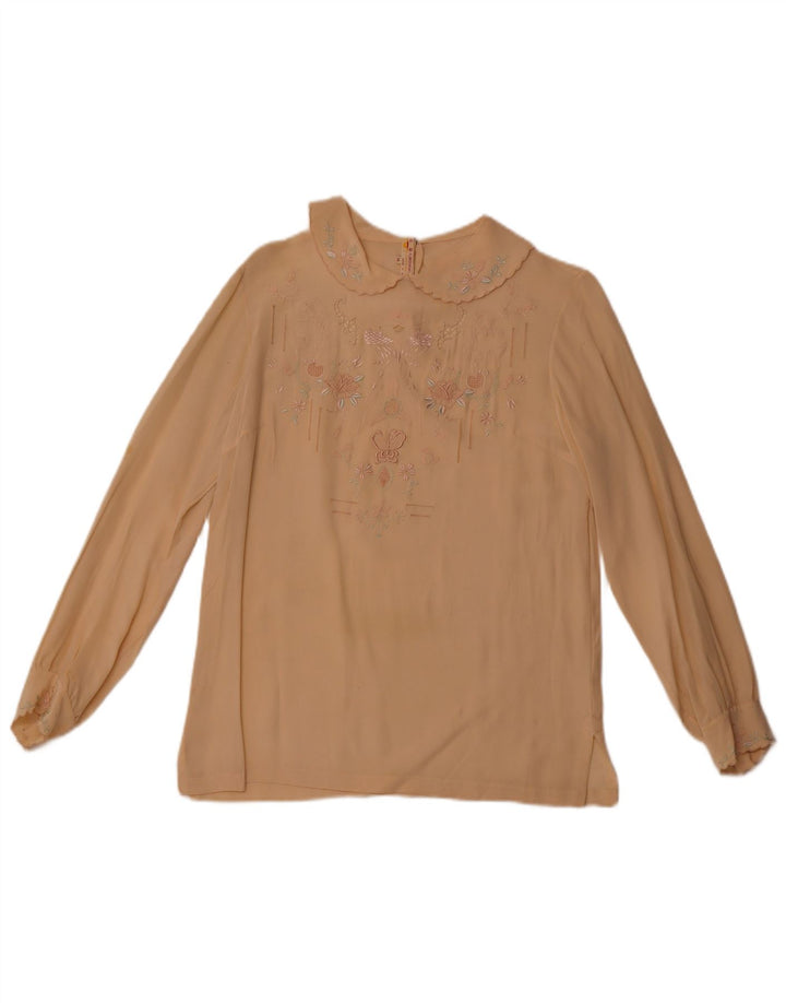 VINTAGE Langærmet skjortebluse til kvinder EU 36 Small Beige Floral Silke