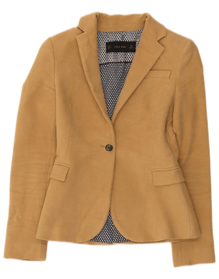Zara Dame 1 Knap Blazer Jakke UK 6 XS Brun Bomuld
