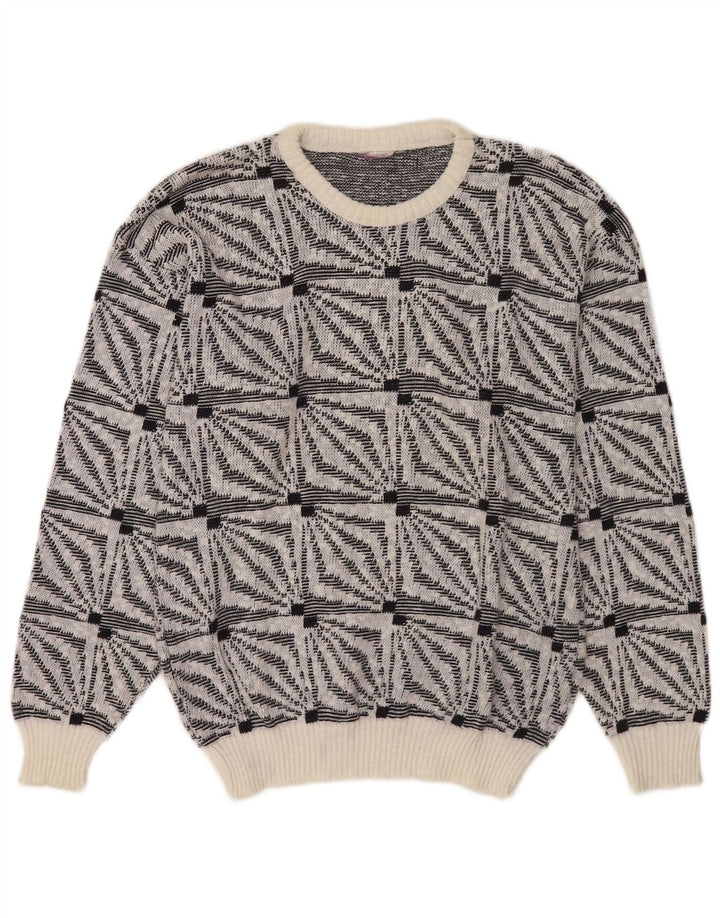 Vintage mænd med rund hals sweater mellem hvid geometrisk
