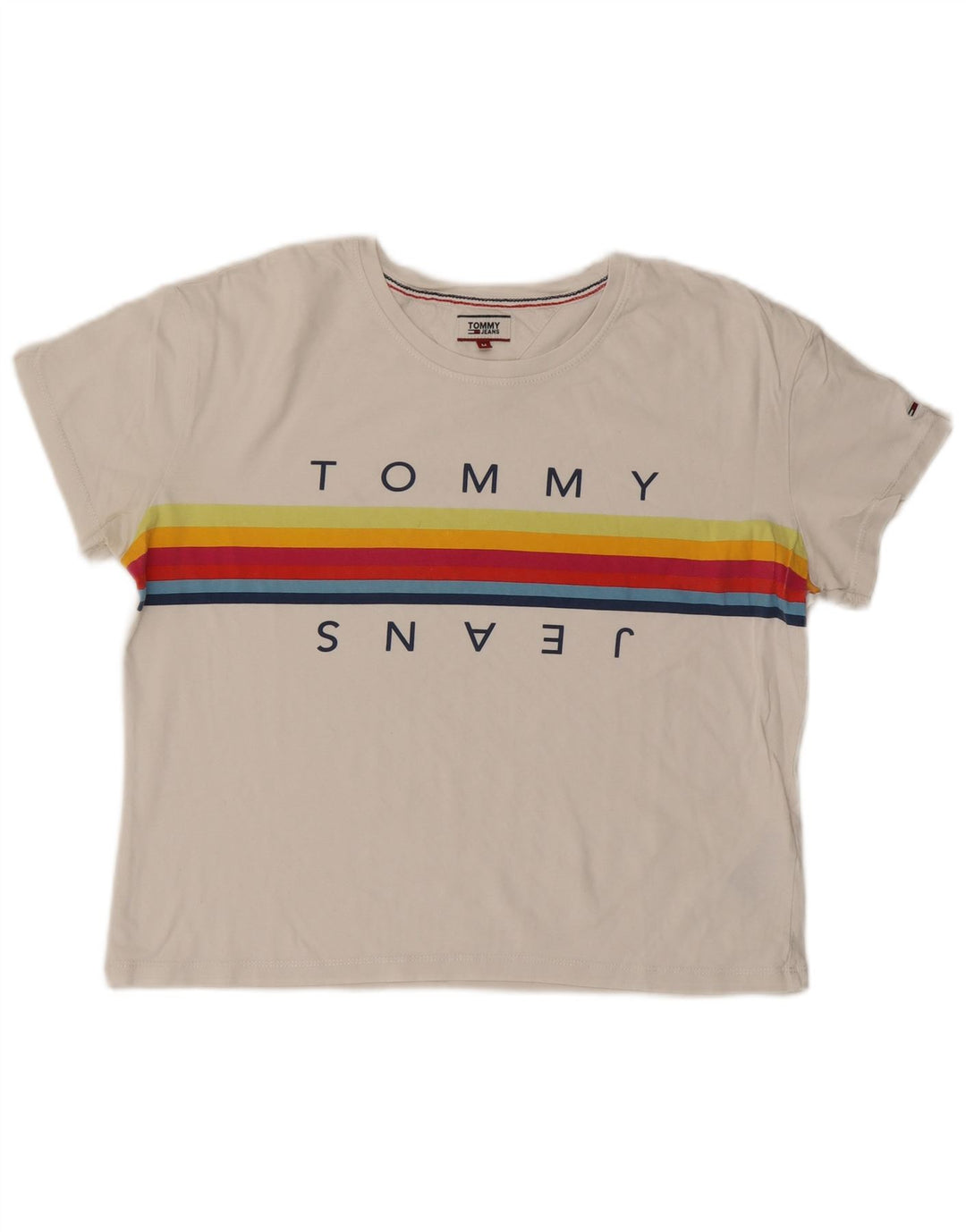 TOMMY HILFIGER Grafisk T-shirt top til kvinder UK 14 Medium hvid bomuld
