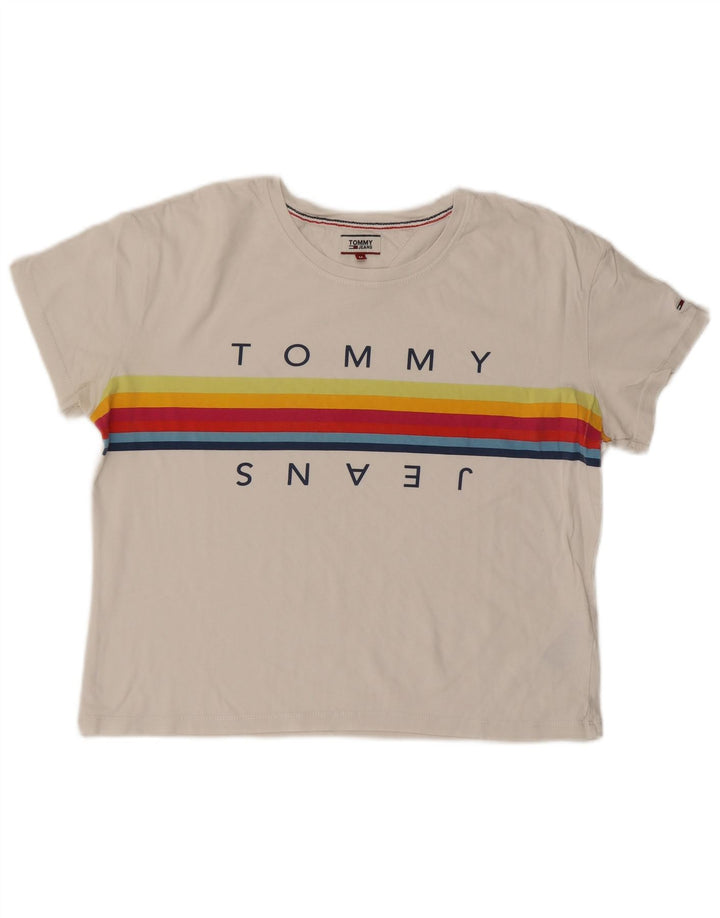 TOMMY HILFIGER Grafisk T-shirt top til kvinder UK 14 Medium hvid bomuld