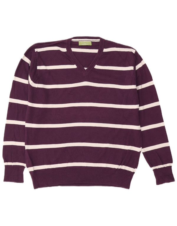 Zara Herre V-hals sweater XL Lilla stribet bomuld