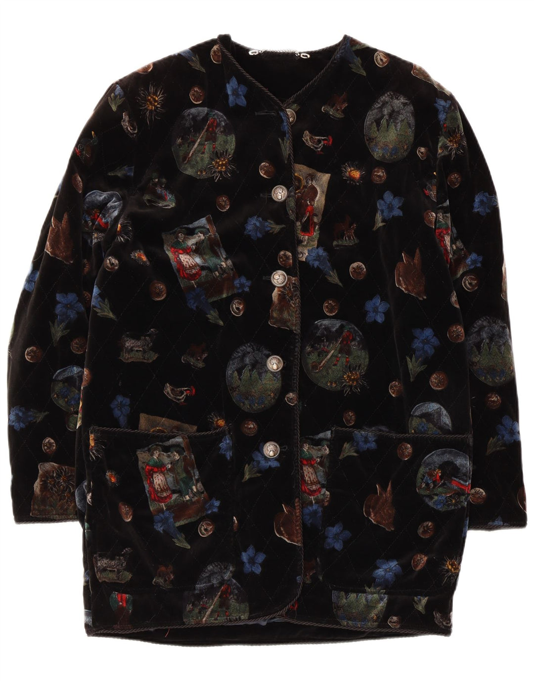 Vintage Kvinders Grafisk Velvet Overfrakke UK 12 Medium Black Floral