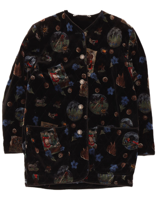 Vintage Kvinders Grafisk Velvet Overfrakke UK 12 Medium Black Floral