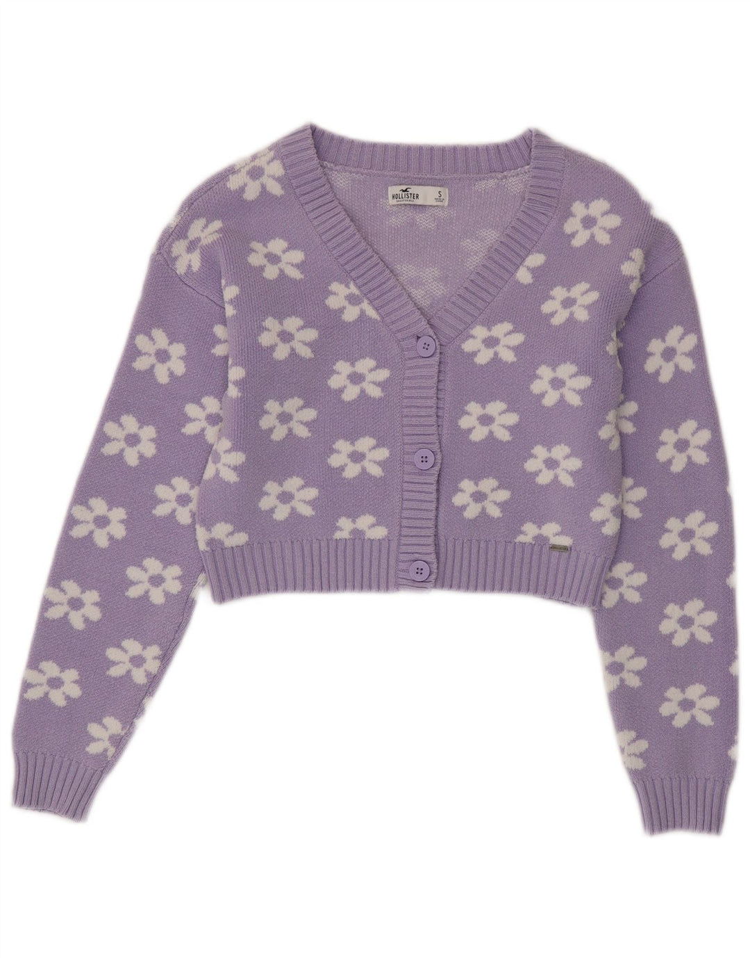 HOLLISTER Womens Crop Cardigan Sweater UK 10 Small Purple Floral Bomuld