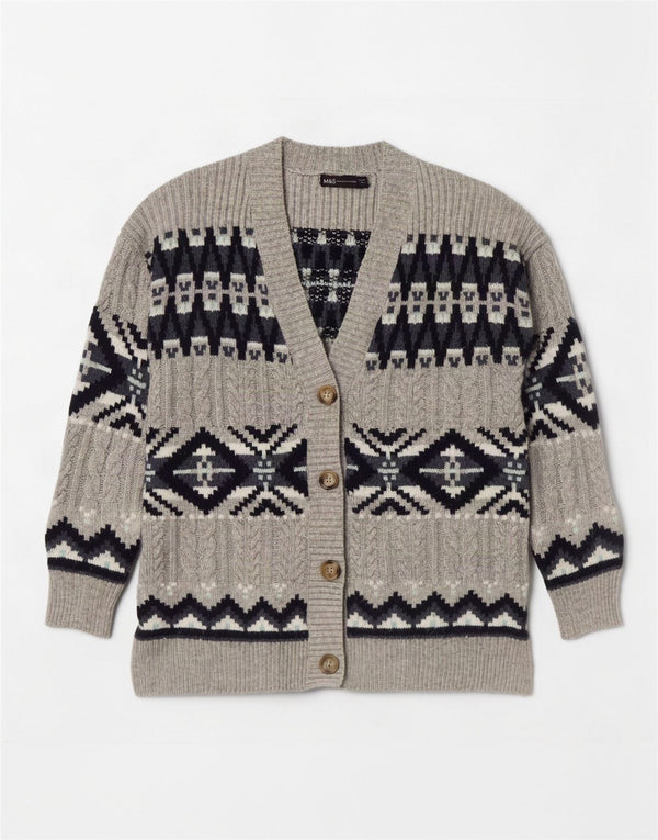 Marks & Spencer Dame Cardigan Sweater UK 14 Medium Grey Fair Isle