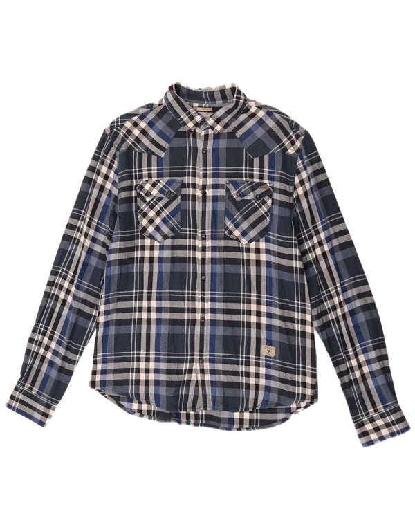 Guess Herre Slim Fit Flannel Shirt UK 40 Medium Navy Blue Plaid Bomuld