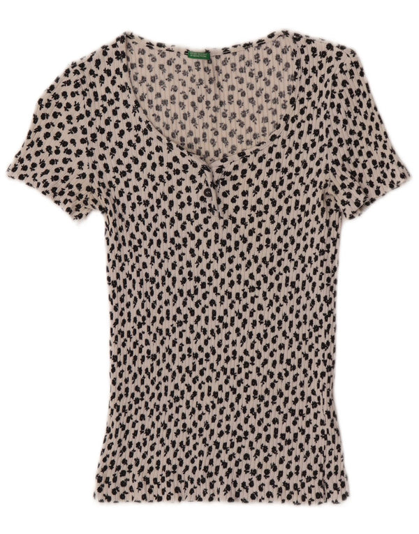 Benetton Dame T-Shirt Top UK 8 Small White Floral Bomuld