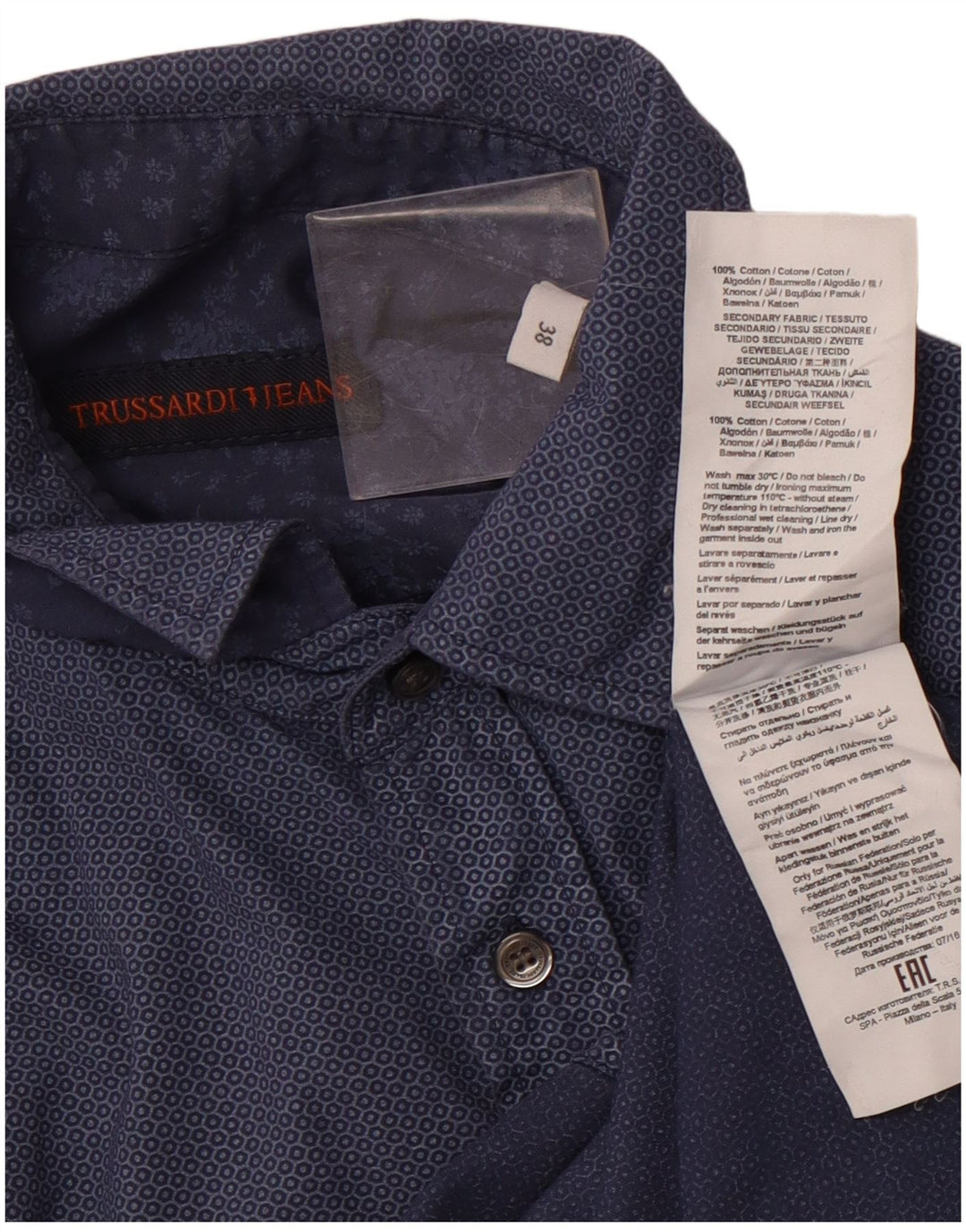 TRUSSARDI JEANS Herreskjorte str. 38 Mellem marineblå geometrisk bomuld
