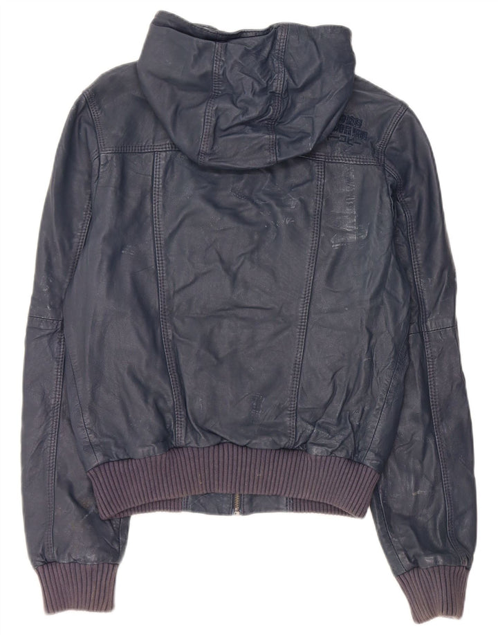 Superdry læderjakke med hætte til kvinder UK 14 Mellem marineblåt læder