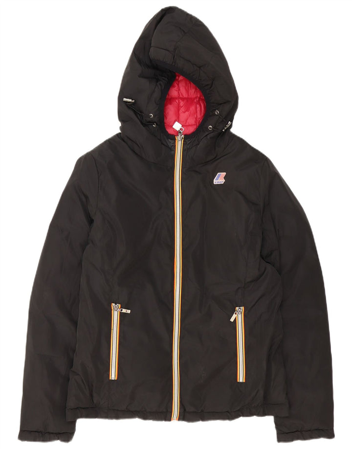 K-Way Dame Hætte Vendbar Polstret Jakke UK 14 Stor Sort Nylon