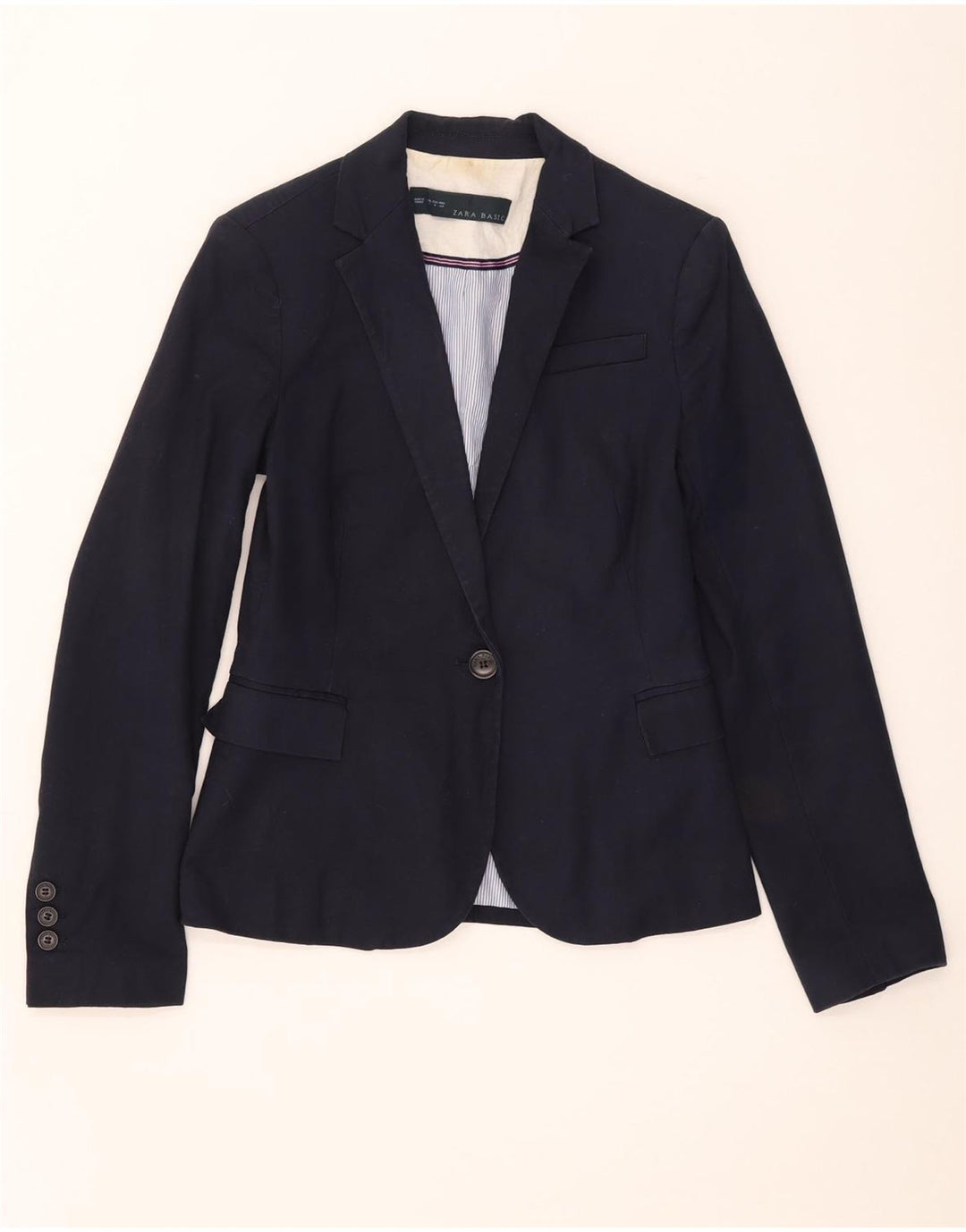 Zara Dame 1 Knap Blazer Jacket UK 8 Small Navy Blue Bomuld
