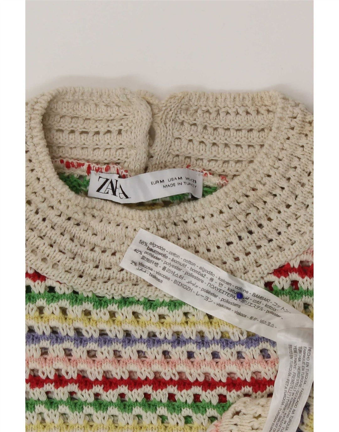 Zara Hæklet Crop Top UK 12 Medium Flerfarvet Stribet Bomuld