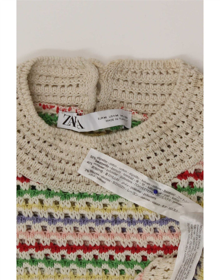 Zara Hæklet Crop Top UK 12 Medium Flerfarvet Stribet Bomuld