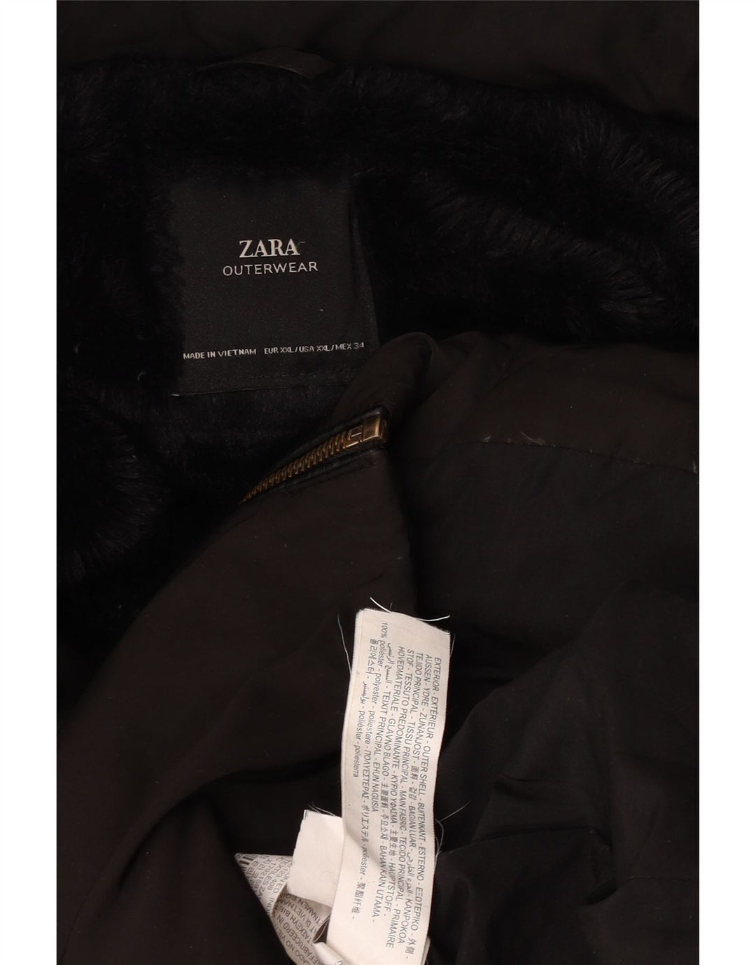 Zara Dame Hætte Polstret Frakke UK 20 2XL Sort Polyester