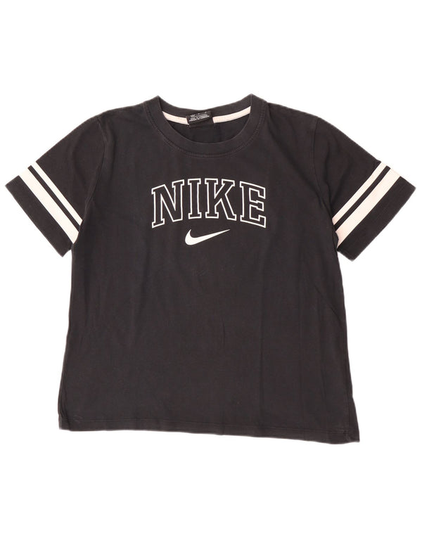 Nike Dame Crop Grafisk T-Shirt Top UK 14 Medium Sort Colourblock Bomuld