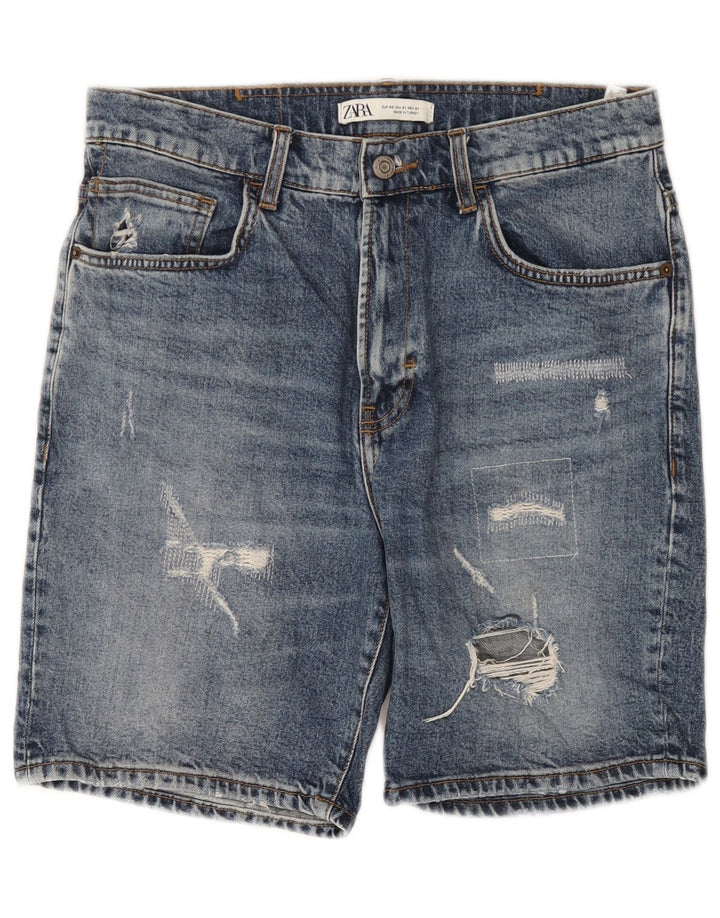 Zara Herre Distressed Denim Shorts EU 40 Medium W31 Blå Bomuld