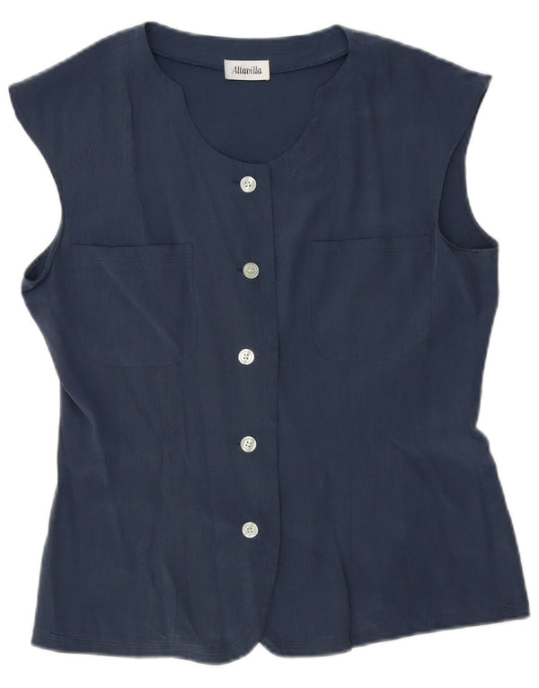 Altavilla Dame Sleeveless Shirt Bluse UK 10 Small Navy Blue Silk